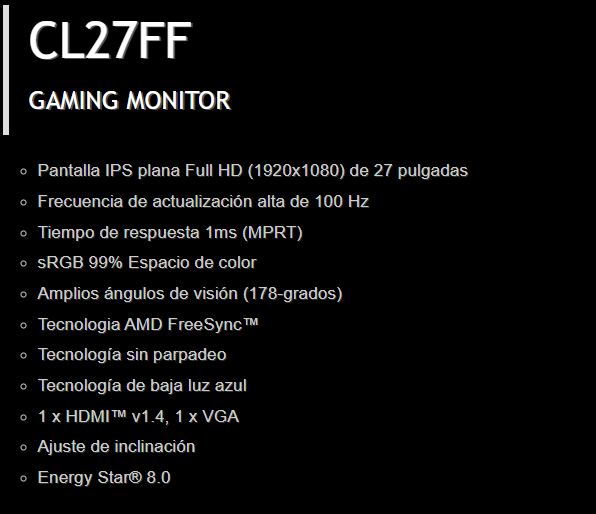 Monitor Asrock Cl27ff Gaming 27inch Led Ips Full Hd 1920x1080 Hdmi Vga Black