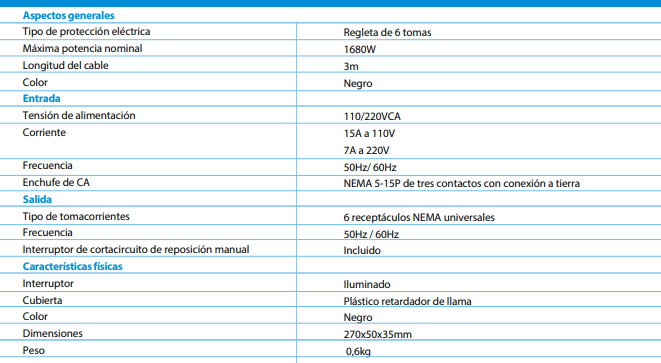 Cortapicos Forza 6 Tomas PS1006B Cable de 10Ft Power Strip 110/220v 6Univ Nema 10