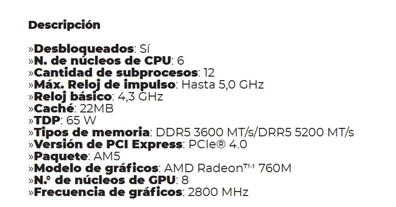 Procesador Amd Am4 Ryzen 5 8600g Am5 4.3Ghz Base up to 5.0Ghz Max Boost 6 core 12 hilos Cache 22mb 65w Without Thermal Solution