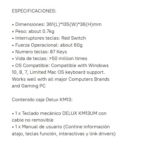 Teclado Delux Gaming KM13 UM Mecanico 80% Switch Red Rainbow Color USB