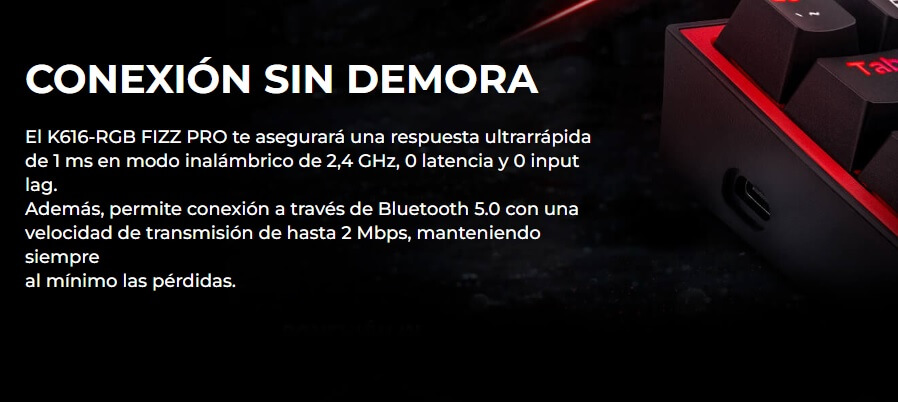 Teclado Gaming Redragon FIZZ PRO K616-RGB Negro Mecanico Wireless 60% Switch Rojo Wired / 2.4Ghz / BT