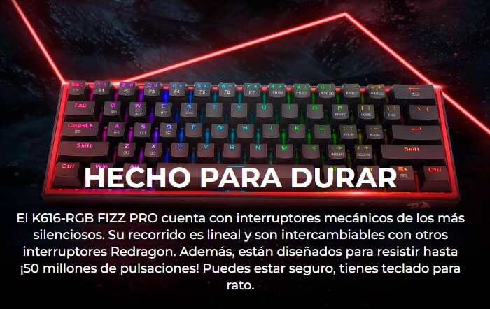 Teclado Gaming Redragon FIZZ PRO K616-RGB Negro Mecanico Wireless 60% Switch Rojo Wired / 2.4Ghz / BT