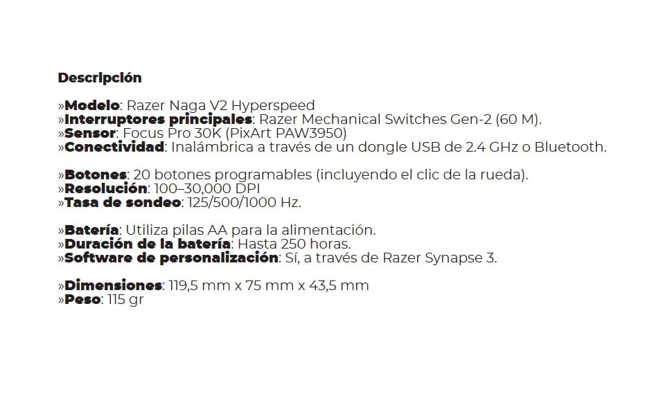 MOUSE GAMER RAZER NAGA V2 HyperSpeed Wireless 2.4Ghz y BT 30K 19Botones RZ01-03600100-R3U1