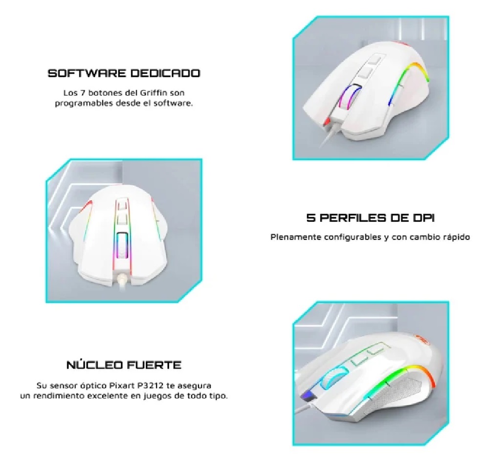 Mouse Gamer Redragon GRIFFIN M607W Blanco con 7 Botones con cable USB