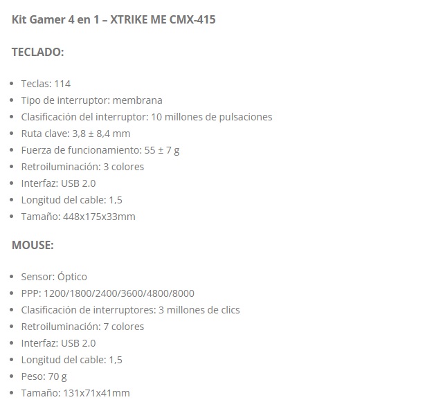 Combo Gaming Xtrime Me CMX-415 SP 4 en 1 Teclado + Mouse + Auricular + Mousepad
