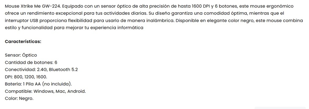 Mouse Xtrike Me GW-224BK Optico/6 Botones/Wireless 2,4Ghz/Bluetooth 5.2/Distancia 10m/DPI 800-1600/Black