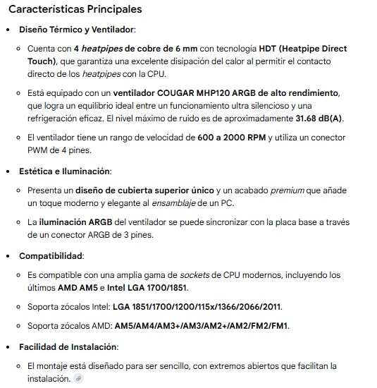 CPU COOLER Cougar Forza 50 ARGB Enfriamiento por aire 1 fan LGA1851 AM5 3MFZR50.0001