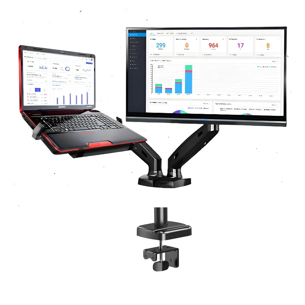 Soporte Para Monitor Quasad Doble Brazo para Escritorio Mon-17-32inch con Bandeja para Laptop De 11-17inch QARM QARML