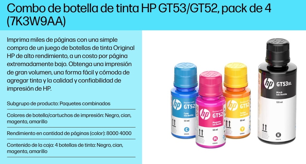 Pack de 4 Tintas HP Cyan-Magenta-Yellow-Negro GT52 GT53  9F3N4AL