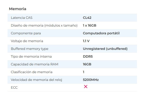 Memoria Ram Laptop Kingston 16GB 5200MT/s DDR5 Sodimm CL42 1RX8 1.1V KCP552SS8-16