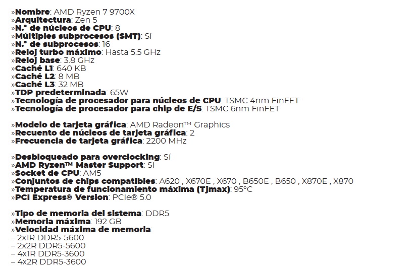 Procesador Amd Am5 Ryzen 7 9700X 3.8GHZ 8 CORE 16 HILOS DDR5-192GB L3-32MB 65W NO INCLUYE COOLER