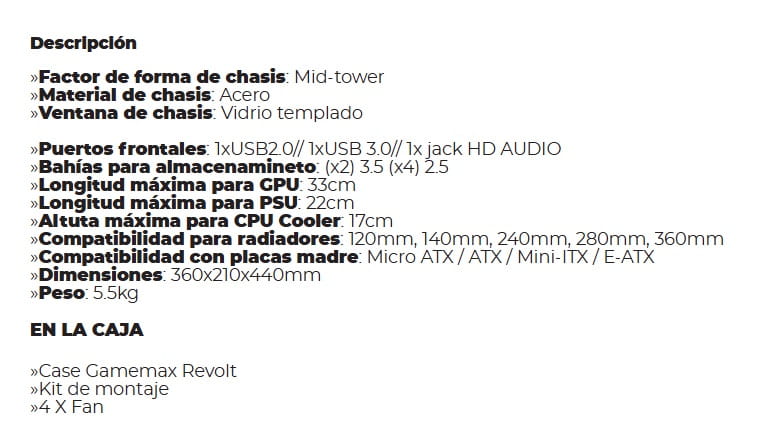 Case Gaming Gamemax REVOLT /1*USB 3.0/1*USB 2.0/2*HDD/2*SSD/CHASIS NEGRO ATX/4*VENTILADORES INTERNOS/VIDRIO TEMPLADO/SIN FUENTE
