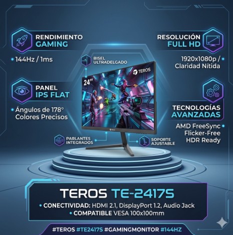Monitor TEROS de 24" TE-2417S Plano Gaming 144HZ-1MS IPS FHD 1920X1080