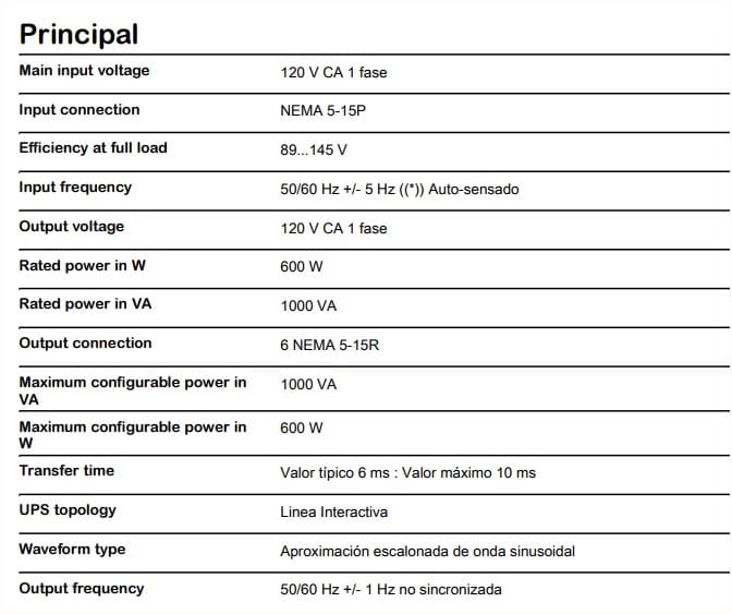 UPS APC BV1000 INTERACTIVO EASY UPS 120V 6 TOMAS 600Vatios - 1,0KVA
