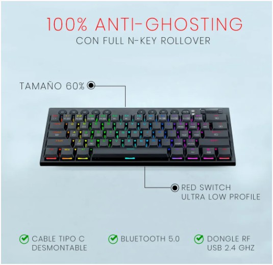 TECLADO GAMING REDRAGON HORUS MINI PRO K632RGB-PRO RED RGB 60% SWITCH RED 2.4GHZ/BT/USB-C