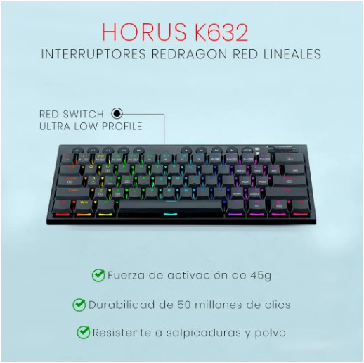 TECLADO GAMING REDRAGON HORUS MINI PRO K632RGB-PRO RED RGB 60% SWITCH RED 2.4GHZ/BT/USB-C