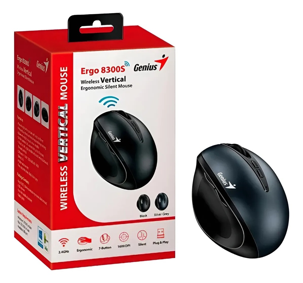 Mouse Genius Ergo 8300S Gray Wireless Vertical Silencio 7 Botones RF 2.4GHZ Pila AA x 1 Ergo 8300 Iron Gray