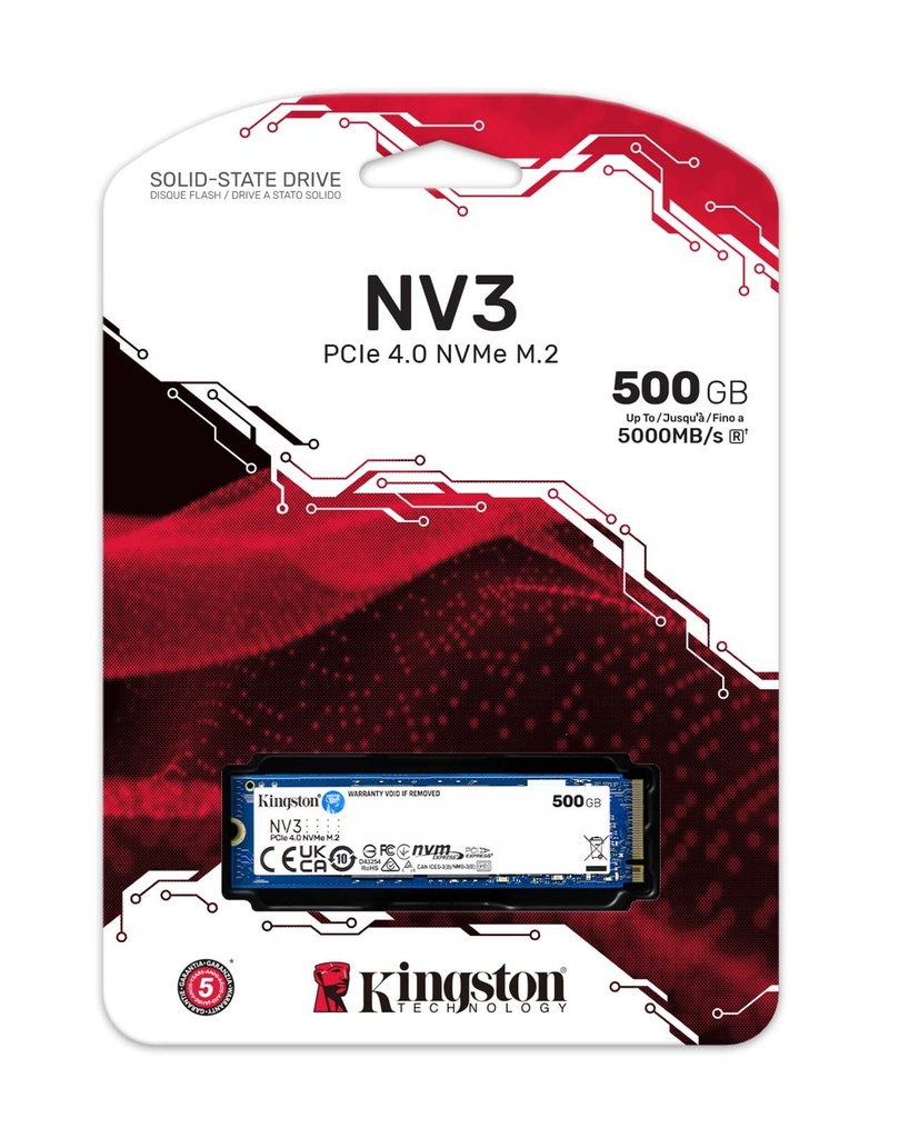 SSD Kingston NV3 M.2 de 500Gb NVME SNV3S/500G 2280  PCIe 4.0 x 4 NVMe 5000-3000MB-s NAND 3D