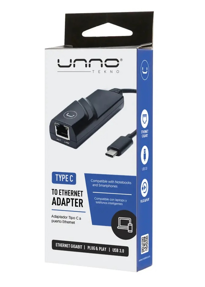 Adaptador UnnoTekno USB C 3.0 a LAN Ethernet 10/100/1000Mbps IEEE 802.3 AD3002BK