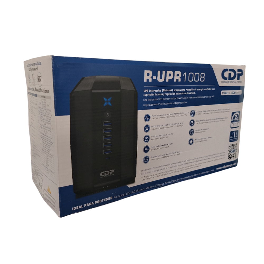 UPS CDP R-UPR1008 Interactivo 1000va/500W - 8 tomas-5 puertos usb tipo A y 1 usb tipo C 120v