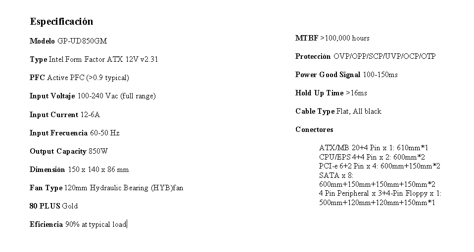 Fuente de Poder Gigabyte GP-UD850GM 80Plus Gold Full Modular