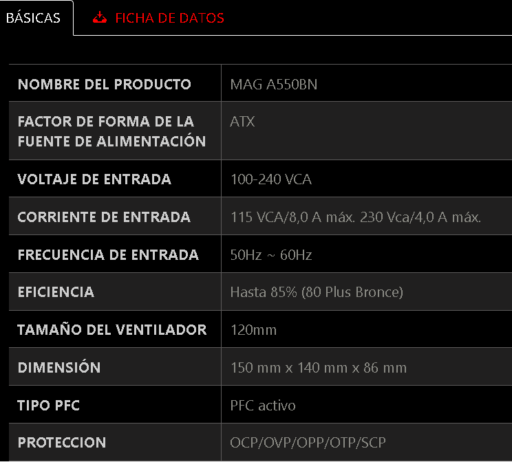 Fuente de Poder MSI MAG A550BN Certificacion 80Plus Bronze