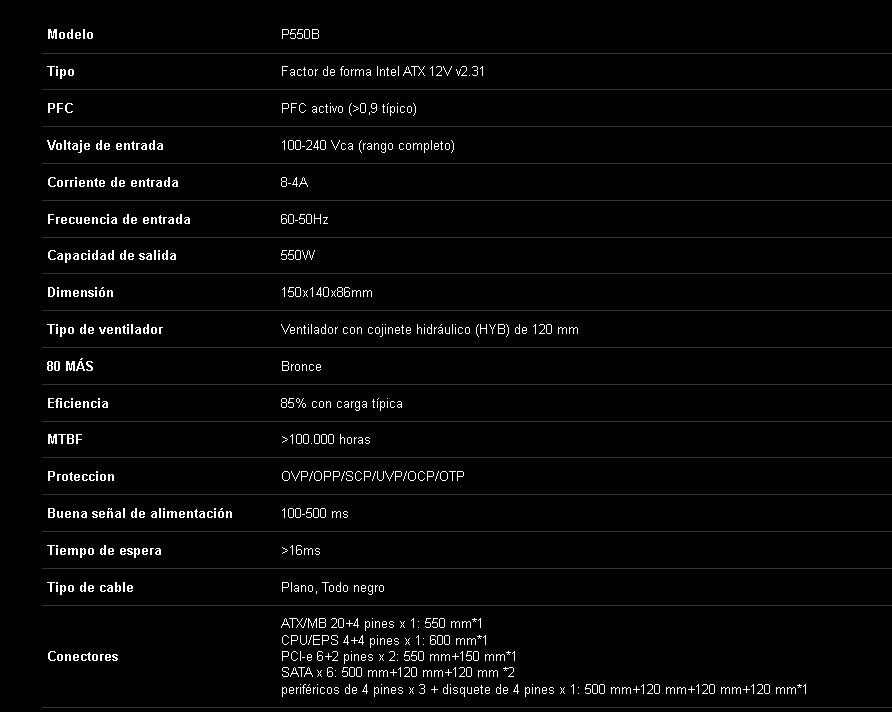 Fuente de Poder Gigabyte P550B 80Plus 