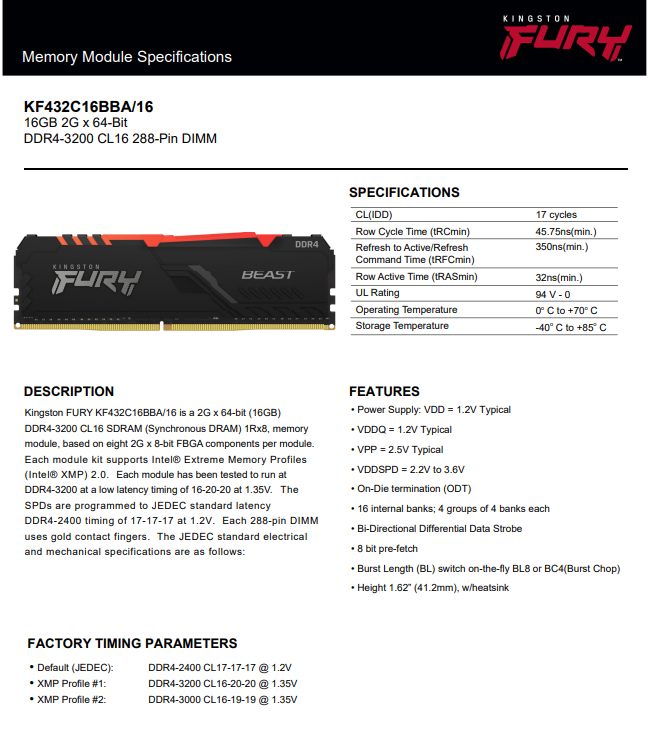 Memoria Ram Kingston 16gb DDR4 3200 RGB Beast CL16 PN KF432C16BBA-16 