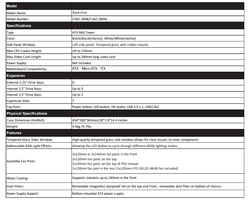 Case Azza Gaming CSAZ-280B Spectra ATX Mid-Tower