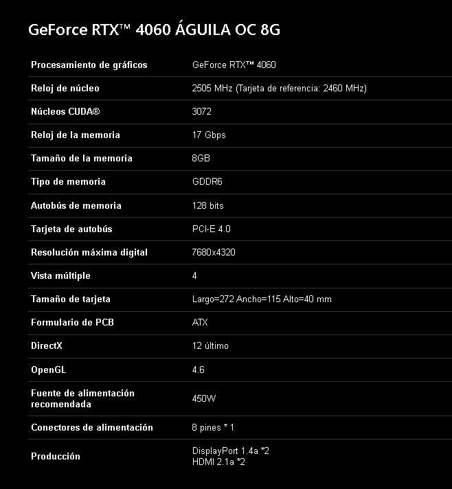 Tarjeta de video Gigabyte GeForce RTX 4060 Eagle OC 8G GDDR6X 2 HDMI 2 Display Port GV-N4060EAGLE OC-8GD