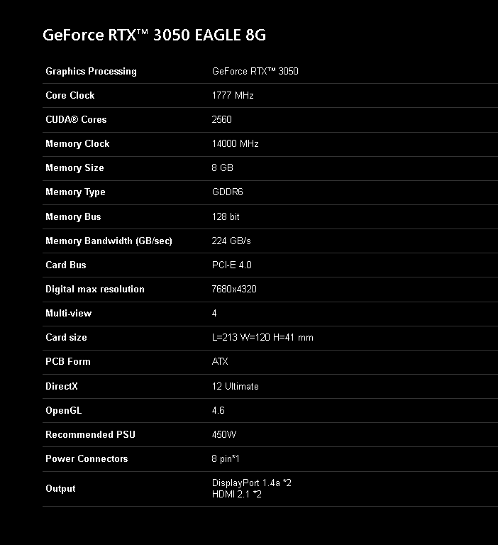 Tarjeta De Video GIGABYTE RTX-3050 EAGLE 8Gb DDR6 GV-N3050EAGLE-8GD