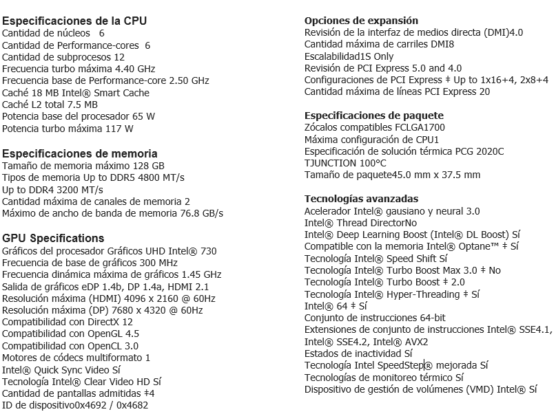 Procesador Intel Core I5-12400 12gen 2.50-4.40ghz 6nucleo 12hilo 18mb Ddr5-4800 Uhd730 Lga1700