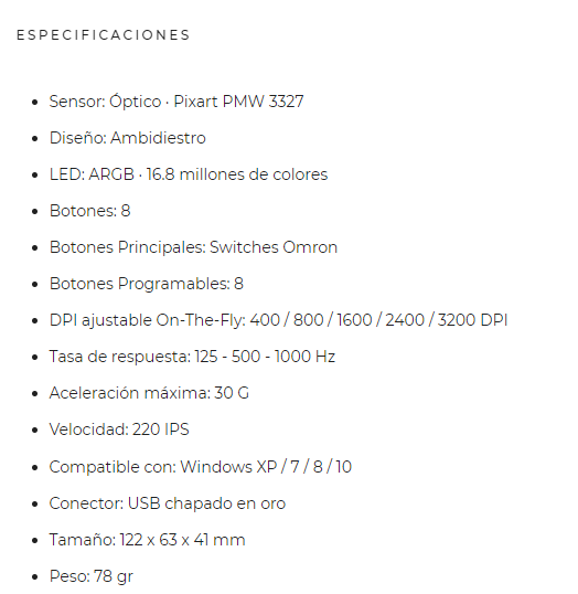 Ratón Gaming Ozone Neon X50 ARGB DPI 3200 Sensor óptico Pixart PMW3327