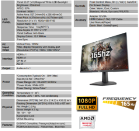 Monitor Quasad 24" QM-G24 Gaming 165Hz 1Ms FreeSync Led 2HDMI DP