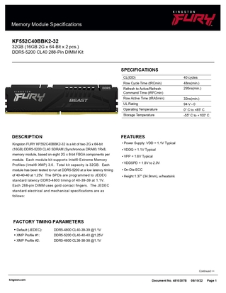 Memoria Ram Kingston 32Gb DDR5 FURY Beast 5200Mhz Pack 2X16GB CL40 288-Pin Non-ECC KF552C40BBK2-32