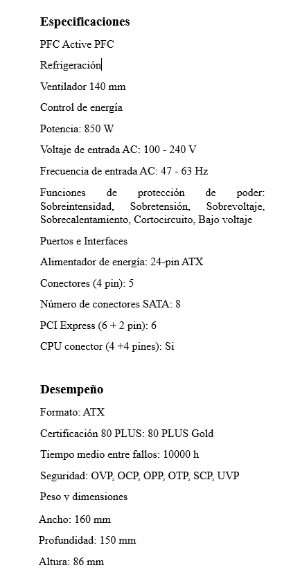 Fuente de poder MSI MPG A850GF 850 watts certificación 80 plus gold modular ATX