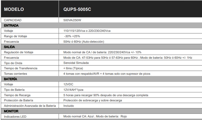 UPS Quasad 500VA 250w QUPS-5005C 8 Outlets 4UPS-4Surge  W-AVR I-342 Led-Button
