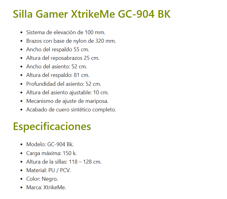 Silla Gamer XTRIKE-ME GC-904 BK Black Ergonomica