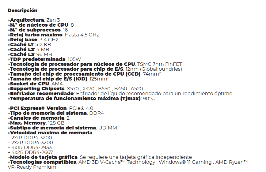 Procedador Amd Am4 Ryzen 7 5800x3d 3.4ghz 8core 16hilos 4mb Cache 105w Retail-box Sin Video