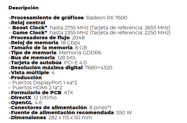 Tarjeta De Video Gigabyte Radeon RX 7600 Gaming OC 8G 8Gb 128Bit GDDR6 2DP 2HDMI 3Vent PCIe 4,0 GV-R76GAMING OC-8GD