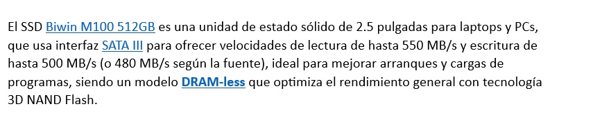 SSD BIWIN M100 512GB SATAIII 2.5 550MBS TECHNOLOGY/MAINSTREAM