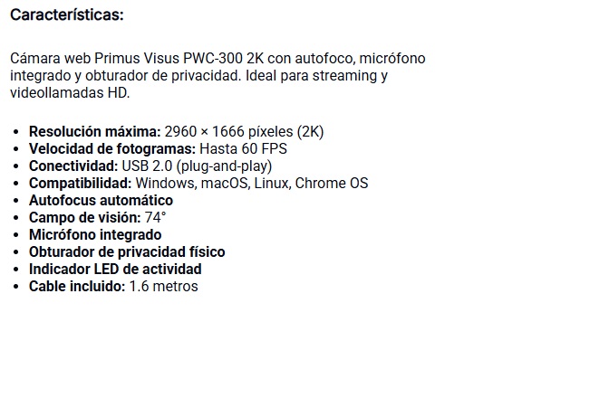 Camara Web Primus Visus 1LS PWC-300 2k 2560x1440 60fps USB 2,0