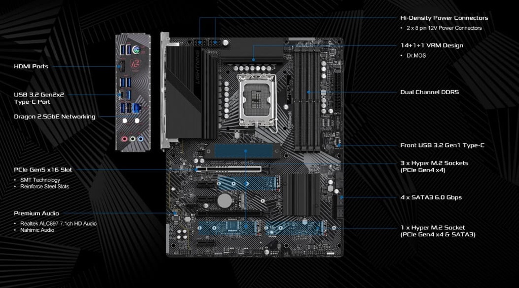 Mbo Asrock Z790 Lightning Wifi Phantom Gaming LGA1700 DDR5 4 slots HDMI Display Port 2,5G Lan Wifi ATX  90'MXBM80'A0UAYZ