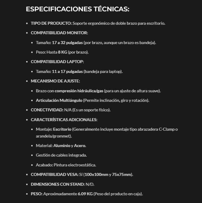 Soporte Para Monitor Quasad Doble Brazo para Escritorio Mon-17-32inch con Bandeja para Laptop De 11-17inch QARM QARML