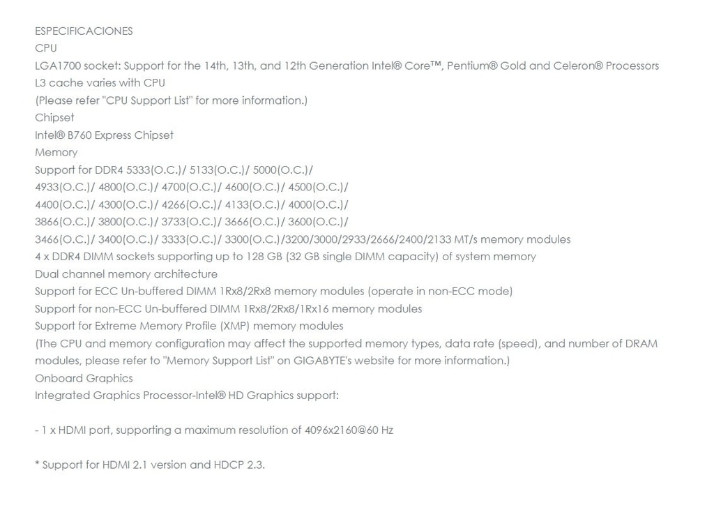 Mbo GIGABYTE B760M Gaming Plus Wifi DDR4 4 slots HDMI-DP 10/100/1000 WiFi mATX