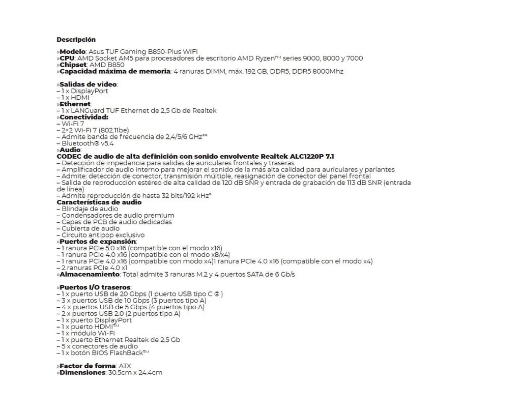 MBO ASUS TUF B850-Plus Wifi AM5 AMD Ryzen 9000 DDR5-8000Mhz BT DP HDMI 10usb PCIe 5.0 ATX