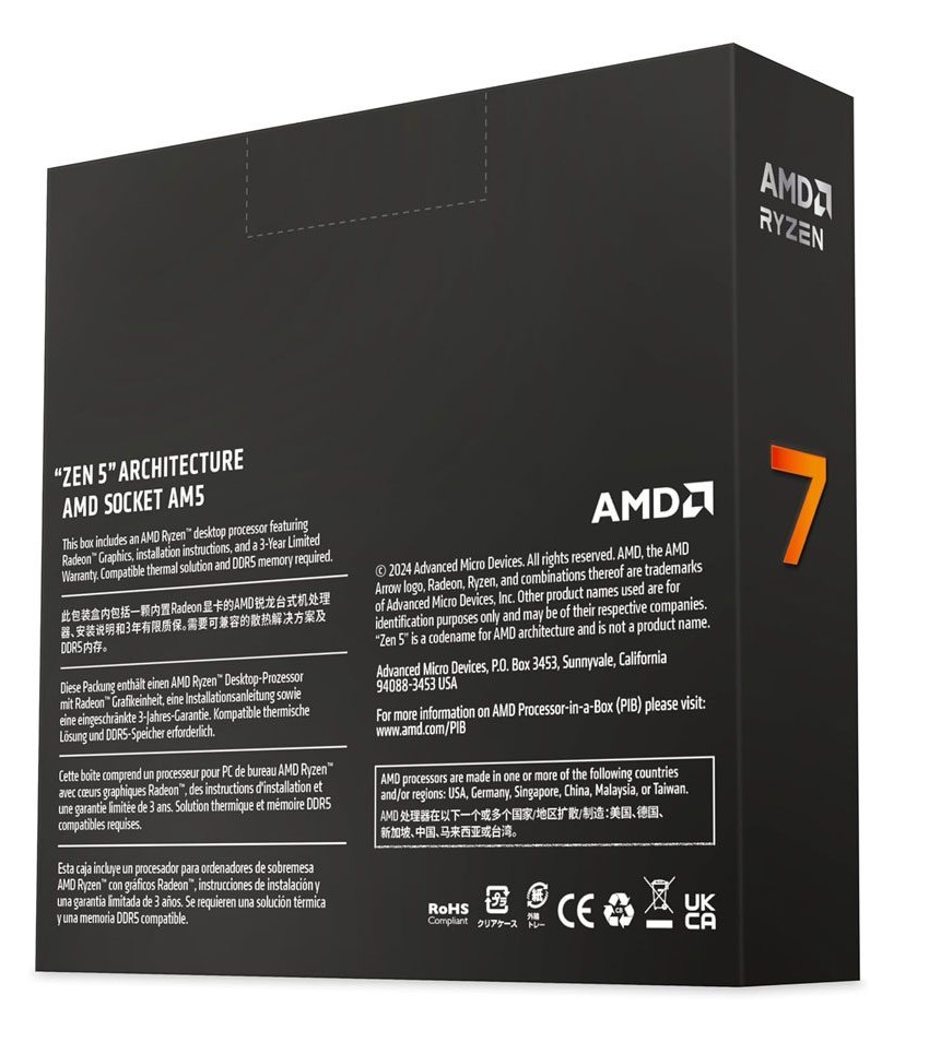 Procesador Amd Am5 Ryzen 7 9700X 3.8GHZ 8 CORE 16 HILOS DDR5-192GB L3-32MB 65W NO INCLUYE COOLER