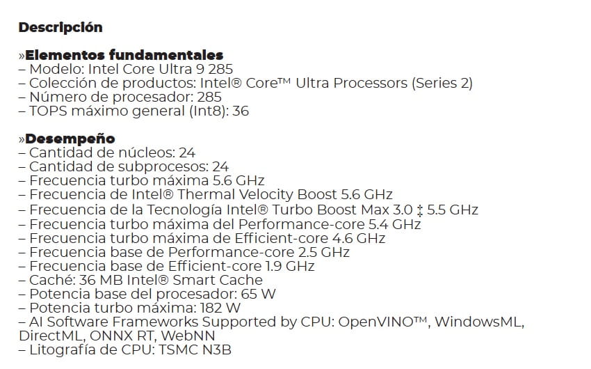 Procesador Intel Core Ultra 9 285 Series 2 5.6GHz 24C 24H Cache 36MB DDR5 LGA1851 Graphics