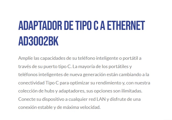 Adaptador UnnoTekno USB C 3.0 a LAN Ethernet 10/100/1000Mbps IEEE 802.3 AD3002BK