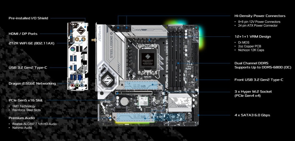 Tarjeta Madre ASROCK B760M Steel Legend 14va LGA1700 4DDR5 WIFI HDMI DP M.2 15USB PCIE5.0 mATX
